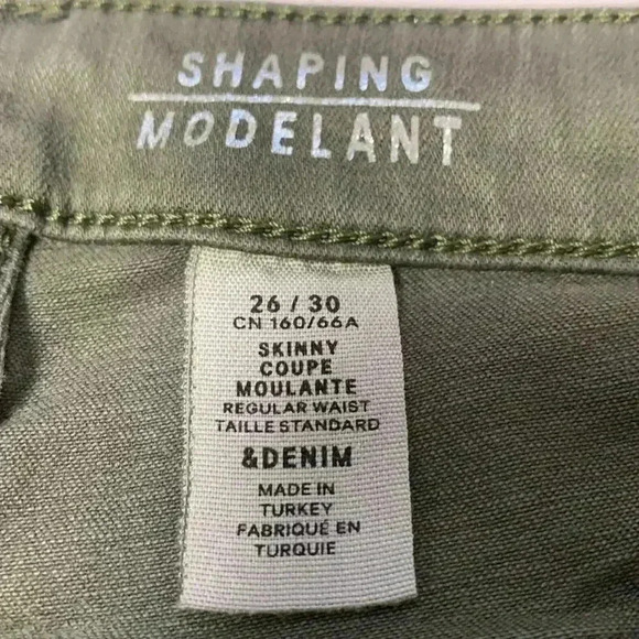 &Denim Olive Green Shaping Skinny  Midrise Jean 26 by 30 - Picture 6 of 7